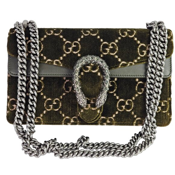GUCCI Dionysus Small GG Velvet Shoulder Bag Olive Green Velvet Crystals Chain - Picture 1 of 16